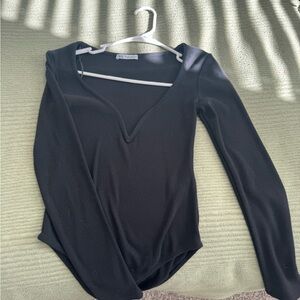 Zara Black Long Sleeve V-Neck Bodysuit